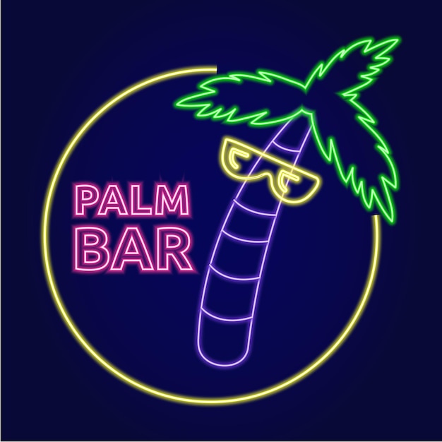 Neon illustratie van een palm met bril in een cirkel met de tekst palm bar logo of teken voor de bar