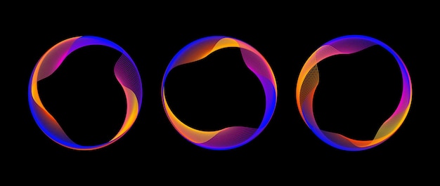 Neon iridescent blend circle line set Shimmering glowing round tech frame collection Curved wavy