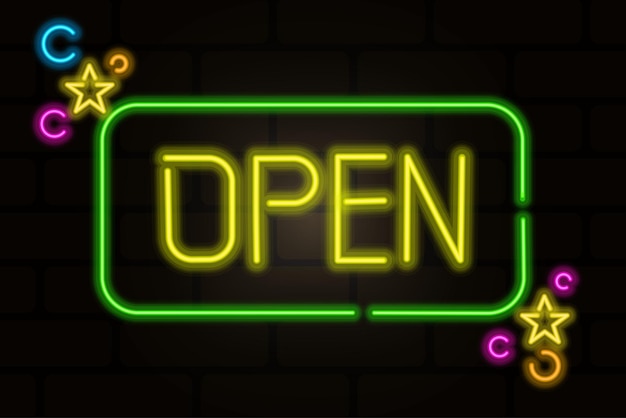 Il neon è aperto in stile piatto su sfondo nero design tipografico illustrazione vettoriale