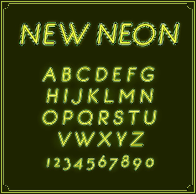 Неоновый курсивный шрифт типа алфавит. светящийся в векторе. с номерами.