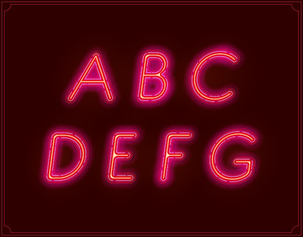 Алфавит шрифта neon italic, светящийся вектором