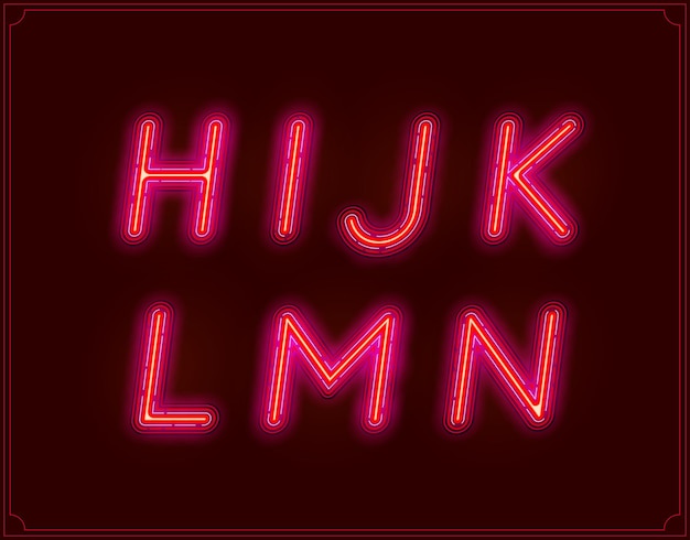 Vector neon italic font type alphabet glowing in vector