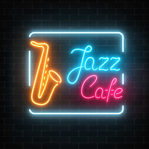 Vettore neon jazz cafe e sassofono segno incandescente su un muro di mattoni scuri.