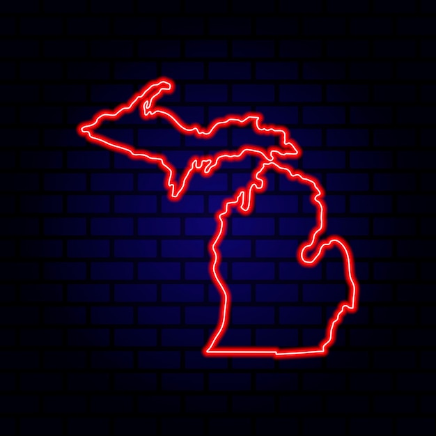 Neon kaart staat michigan op bakstenen muur achtergrond