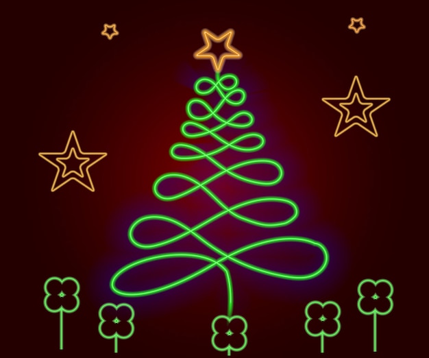 Vector neon kerstboom met gloeiende sterpictogram neon nieuwjaar boom silhouet overzicht kerstboom