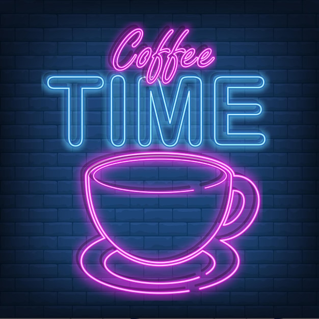 Neon koffie tijd gloeiend teken op een bakstenen achtergrond warm drankje café uitnodigend uithangbord ontwerp vectorillustratie