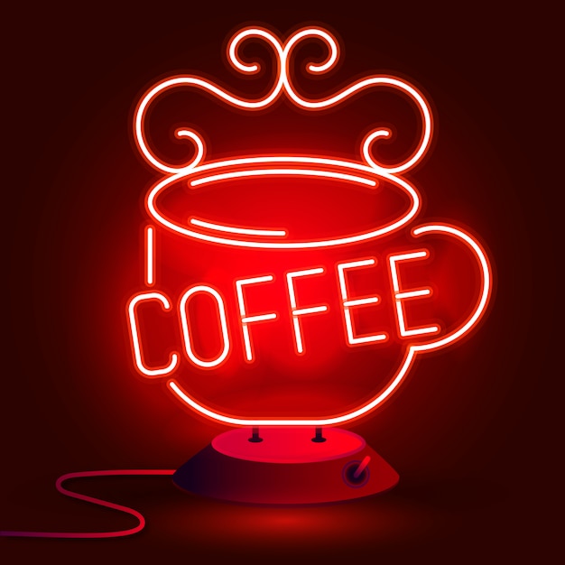 Neon koffiemok op een muur. teken voor cafés, restaurants, bars