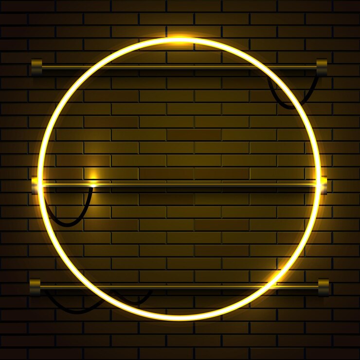 Vector neon lamp circle frame on brick wall.