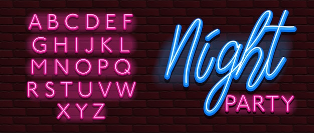 Neon lettertype alfabet lettertype bakstenen muur nacht feestje