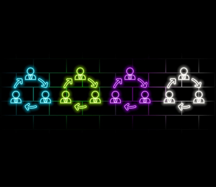 Vector neon licht spraak bubbel teamwerk resultaten lijn icoon groep van mensen tekenen neon licht achtergrond teamw