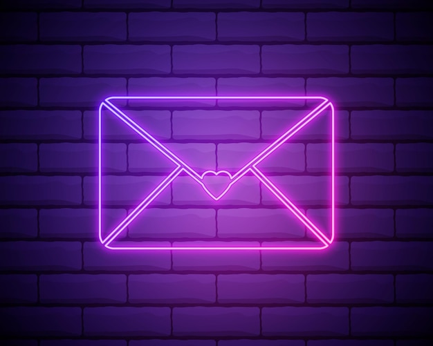 Neon liefde letterpictogram geïsoleerd op bakstenen muur achtergrond envelop met roze hart stempel st valentine day mail liefde correspondentie concept vector 10 eps-illustratie