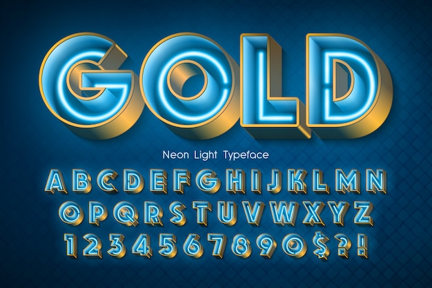 Vector neon light 3d alphabet, extra glowing font.