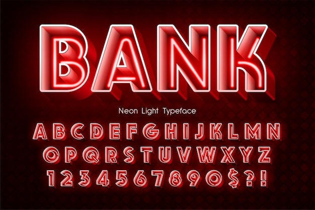 Vector neon light 3d alphabet, extra glowing font.