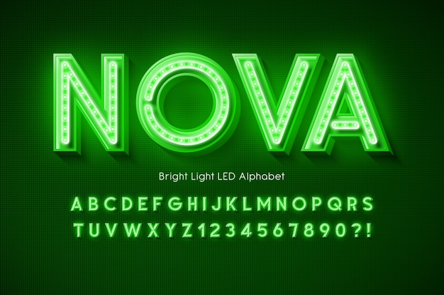 Neon light 3d alphabet, extra glowing modern font.