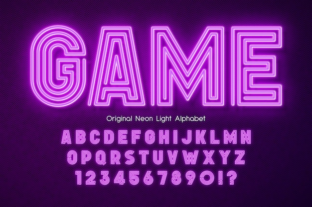 Neon light 3d alphabet, extra glowing modern type