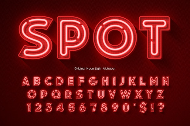 Neon light 3d alphabet, extra glowing origainal type. Swatch color control.