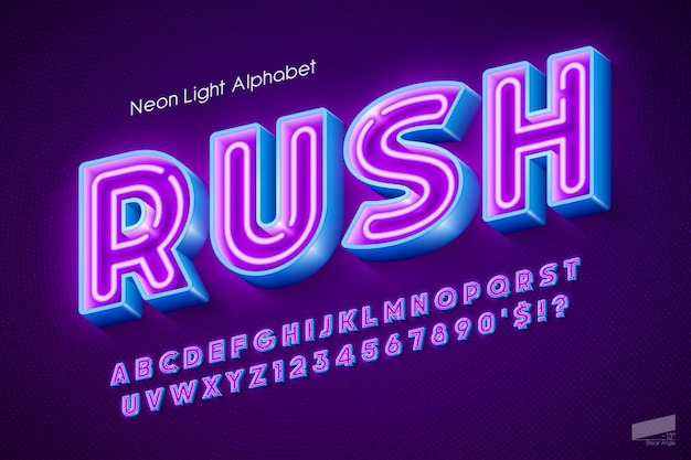 Neon light 3d alphabet, extra glowing origainal type. swatch color control.