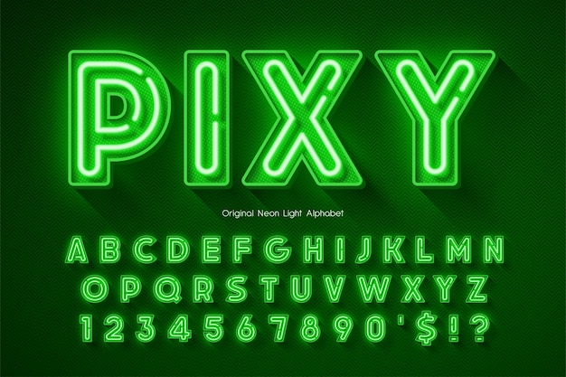 Neon light 3d alphabet, extra glowing origainal type. Swatch color control.