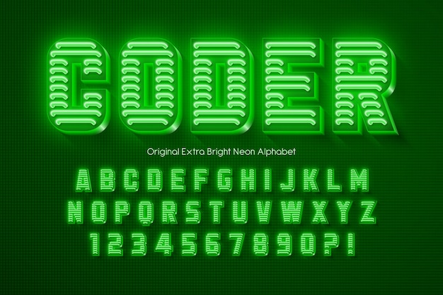 Neon light 3d alphabet, retro-futuristic origainal type. Swatch color control.