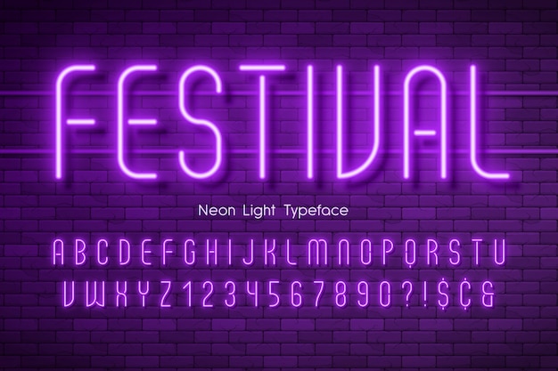 Neon light alphabet, extra glowing font.