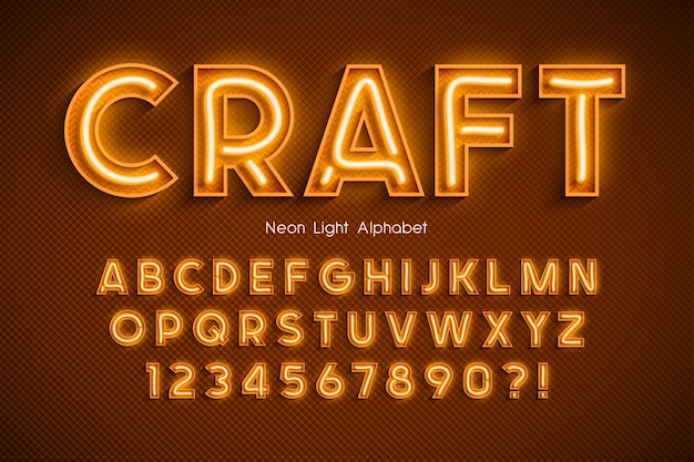 Neon light alphabet, extra glowing font.