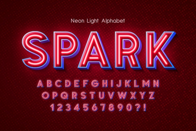 Vector neon light  alphabet, extra glowing font.