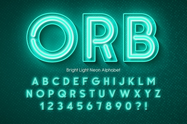 Neon light alphabet, extra glowing font.