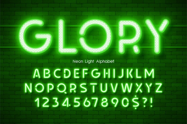 Neon light alphabet, extra glowing modern type.