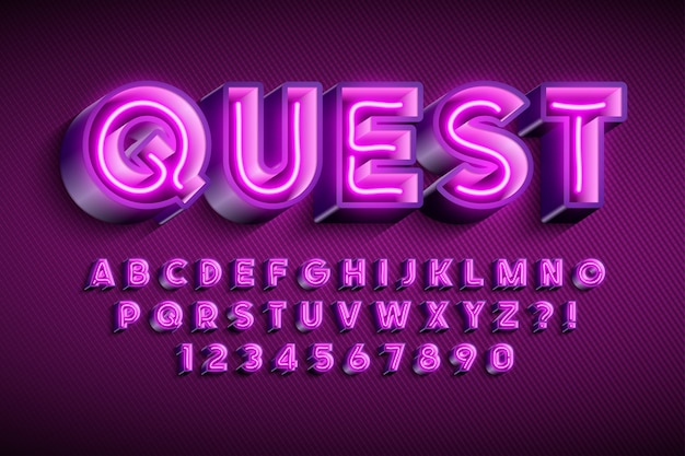 Neon light alphabet, extra glowing original font.