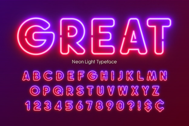 Vettore alfabeto di luce al neon, multicolore.