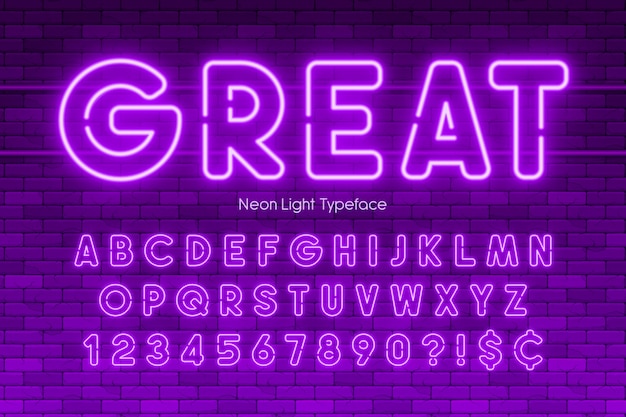 Neon light alphabet, numbers, extra glowing font