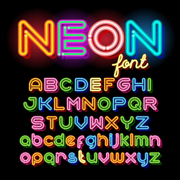 Fonte di vettore di alfabeto di luce al neon. lettere del tubo al neon su sfondo scuro. set maiuscolo e minuscolo