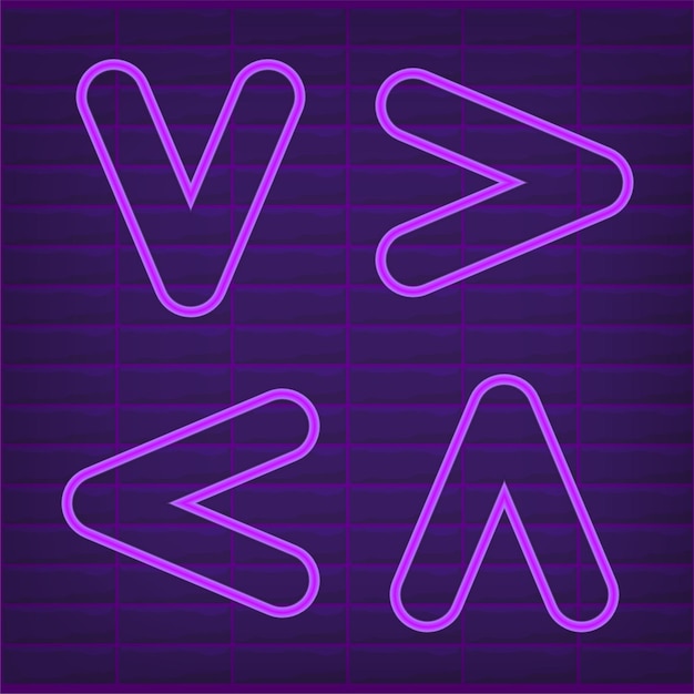 Знак фиолетового свечения неоновой световой стрелки для набора векторных иллюстраций направления. Сияющий информационный элемент