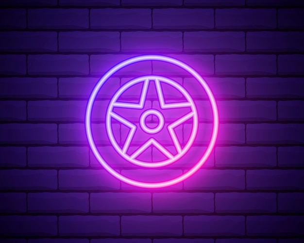 Neon light Car wheel sign icon Circular transport component symbol Glowing graphic design Brick wall Vector