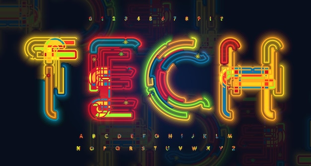 Neon light font alphabet for hud data and research bright luminous tube letters from contour line