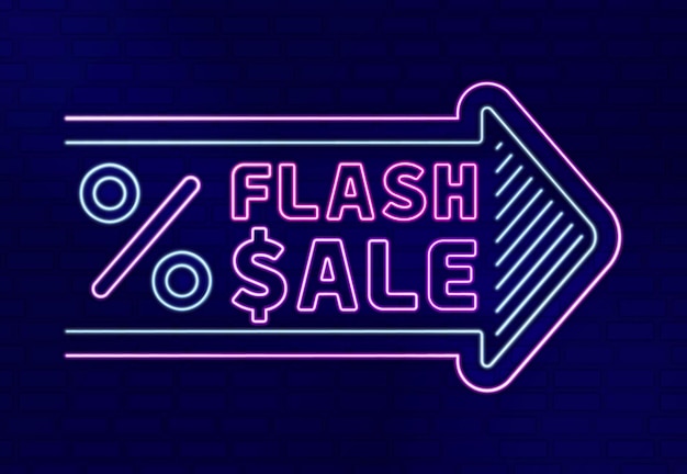 Вектор Неоновая световая иллюстрация flash sale с процентом и знаком доллара в следующем направлении стрелки