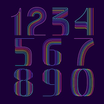Set di numeri di luce al neon sei linee sottili di caratteri colorati per emblema vivido di manifesti di eventi di logo di linea