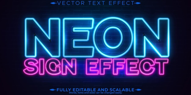 Vettore effetto testo con luce al neon modificabile in stile retrò e luminoso