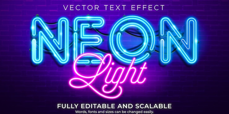 Vector 네온 조명 텍스트 효과, 편집 가능한 복고풍 및 빛나는 텍스트 스타일