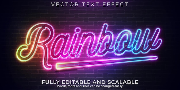 Vettore effetto testo luce al neon, stile di testo modificabile retrò e luminoso