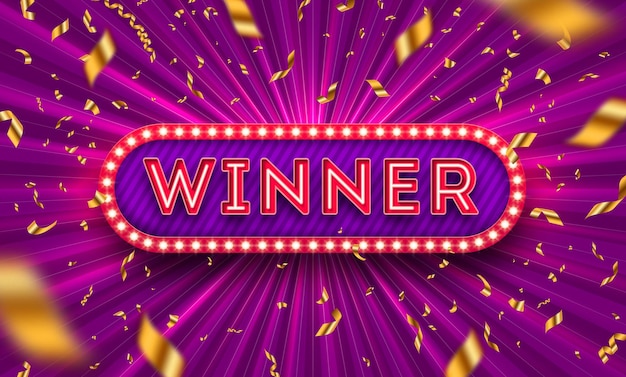 Vector neon light winner retro signboard and golden foil confetti against a light burst background