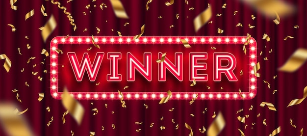 Vector neon light winner retro signboard and golden foil confetti against a red curtain background