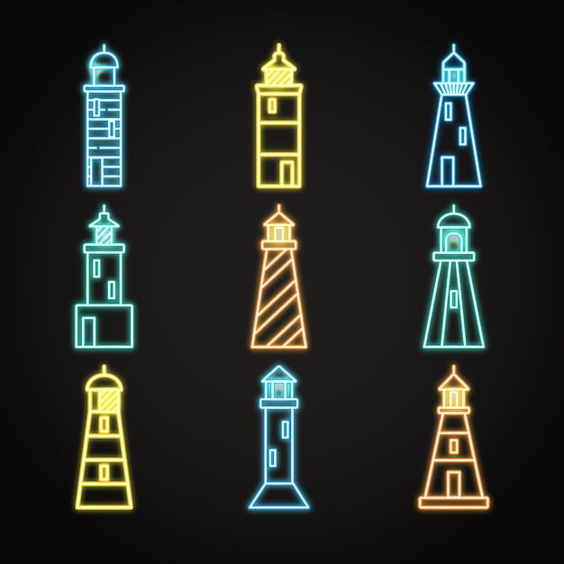 Vector neon lighthouse icon set