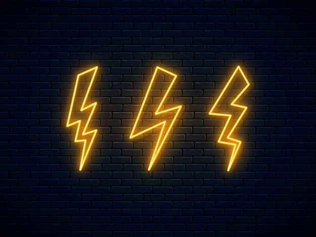 Neon lightning bolt set. high-voltage thunderbolt neon symbol. electric discharge. thunder and electricity sign. banner design, bright advertising signboard elements. vector illustration.