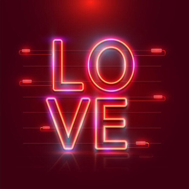 Neon lights effect love text on dark red background.