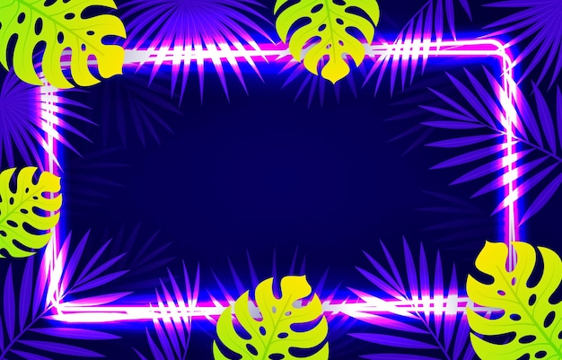 Neon Lights Frame Background with Tropical Leaves