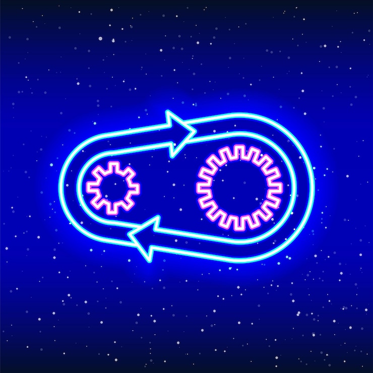 Vector neon linear design of endless arrow around gear neon gear and arrow
