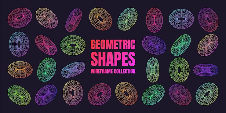 Vector neon lined wireframe shapes perspective mesh d grid low poly geometric elements retro futuristic