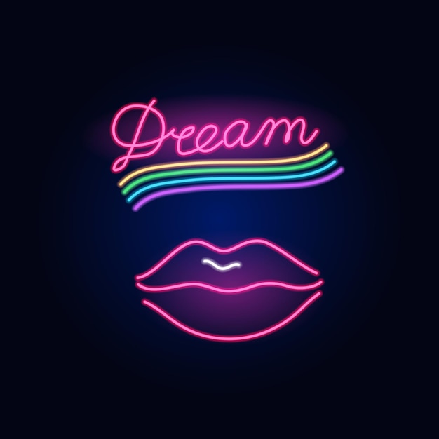 Labbra al neon e arcobaleno moda segno luce notturna insegna incandescente banner estate emblema bacio femminile