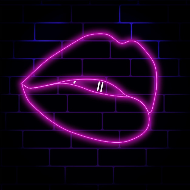 Vector neon lips signboard on the dark wall